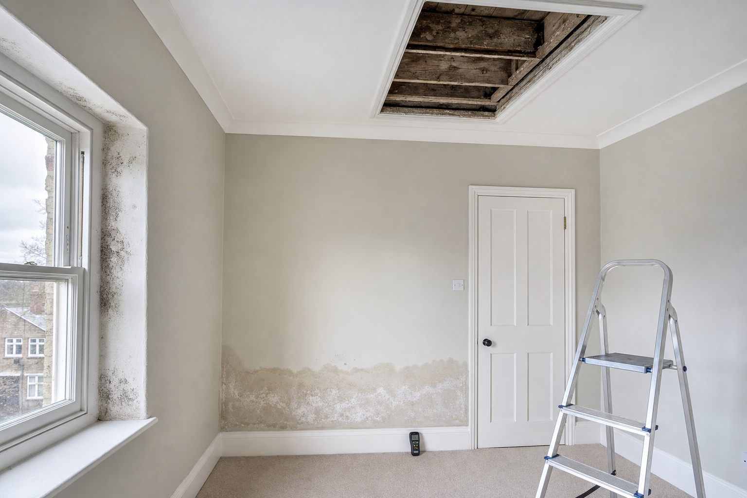An empty room with a damaged wall and open ceiling panel, featuring a stepladder and a partially open window.