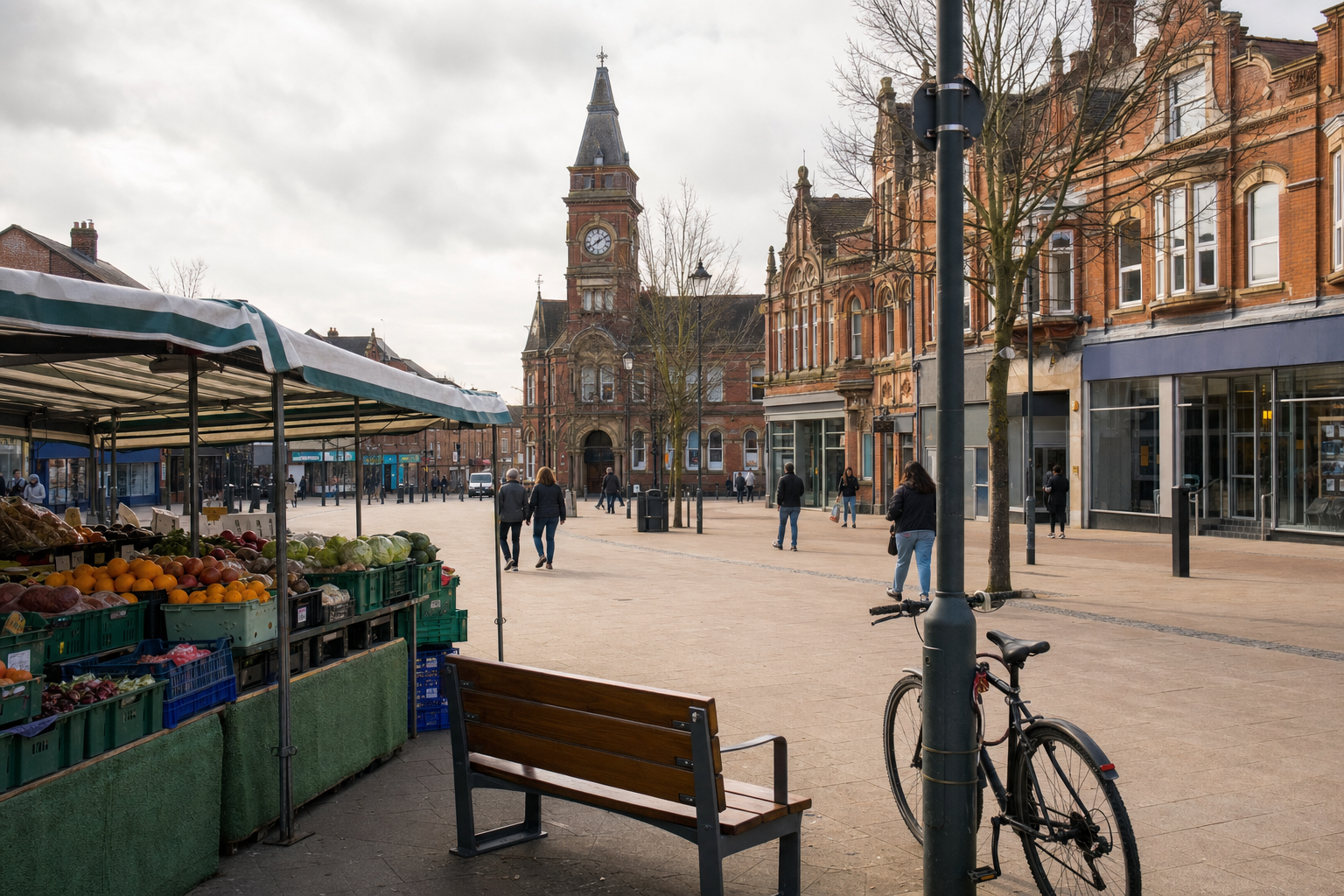 A market stall with fresh produce next to a bench and bicycle, set in a town square with historic buildings and a clock tower.