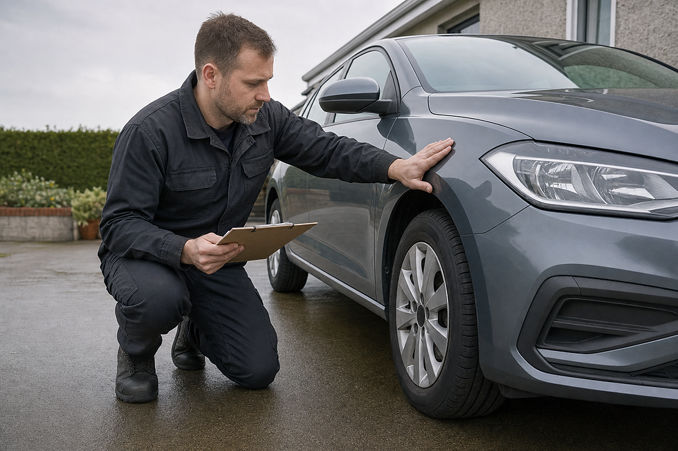 Mechanic inspecting a car's front tyre with a clipboard on a wet driveway.