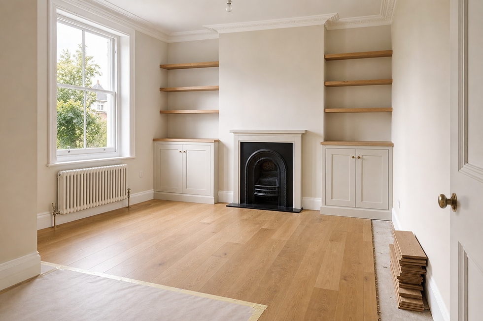An empty room with wooden floors, a fireplace, built-in shelves, and a large window overlooking trees.