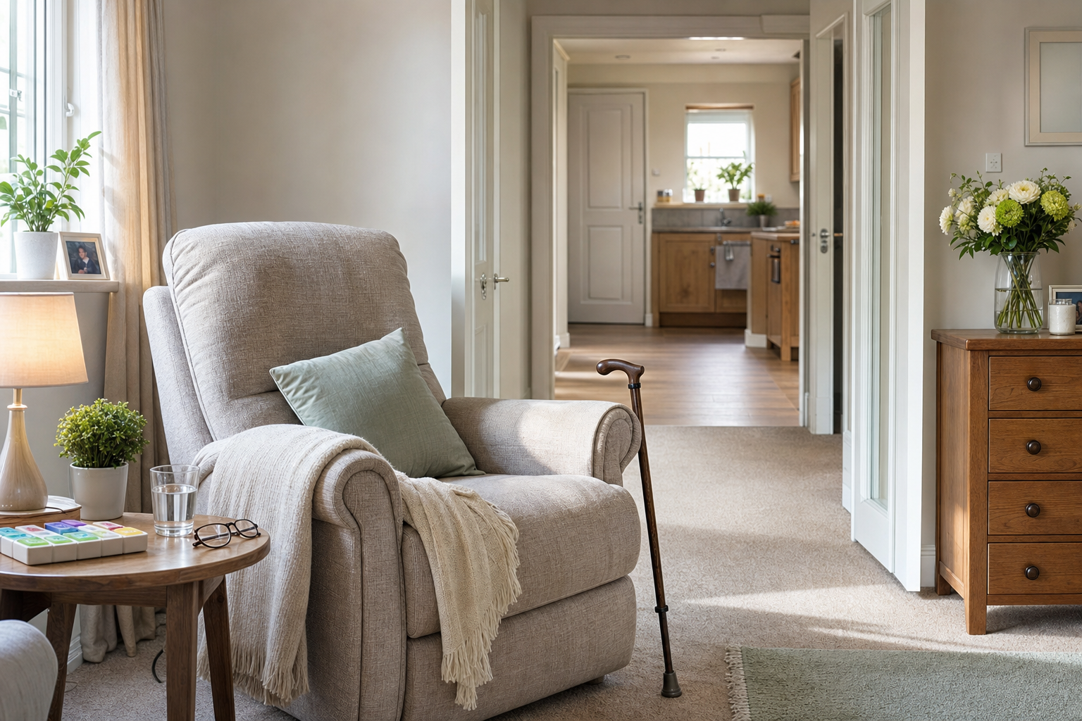 Cosy living room with an armchair, side table, and walking cane, leading to a well-lit kitchen in the background.