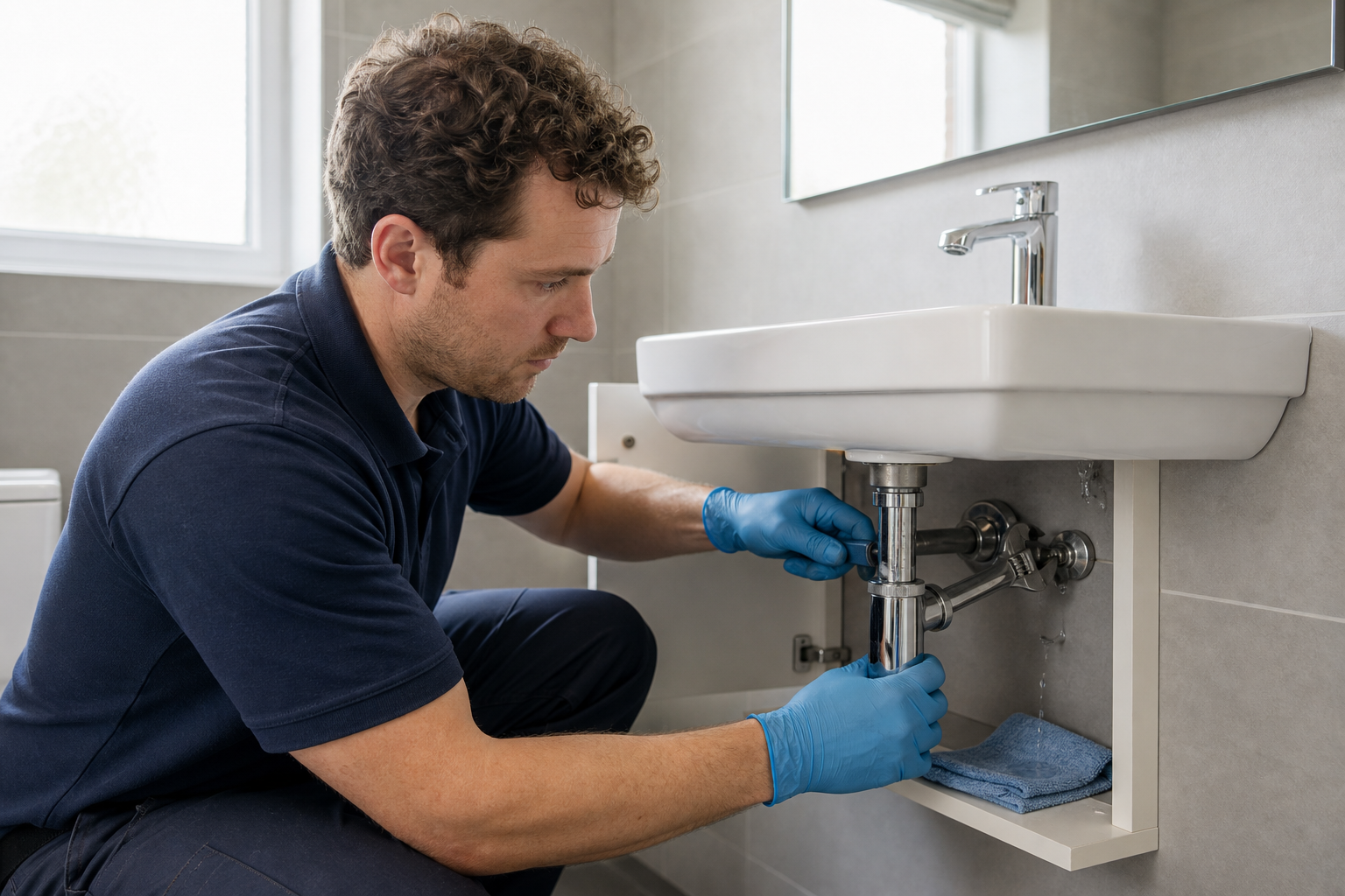 Plumber in blue overalls and gloves fixing a bathroom sink pipe.