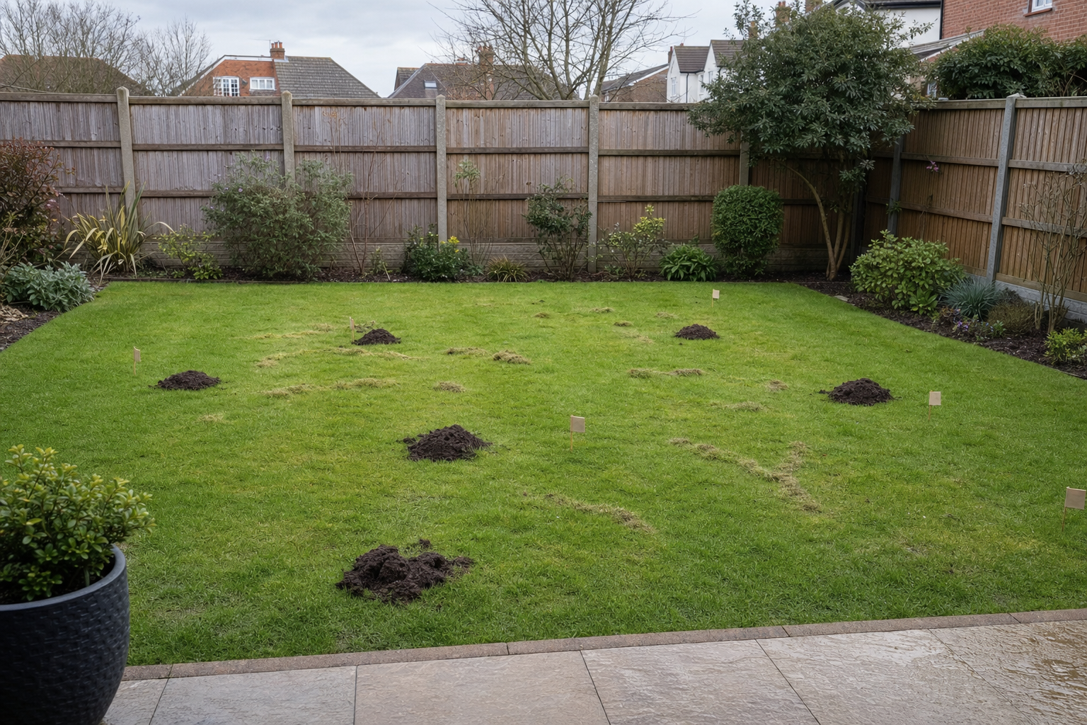 A garden with several small mounds of soil on a lawn, surrounded by a wooden fence and various shrubs.