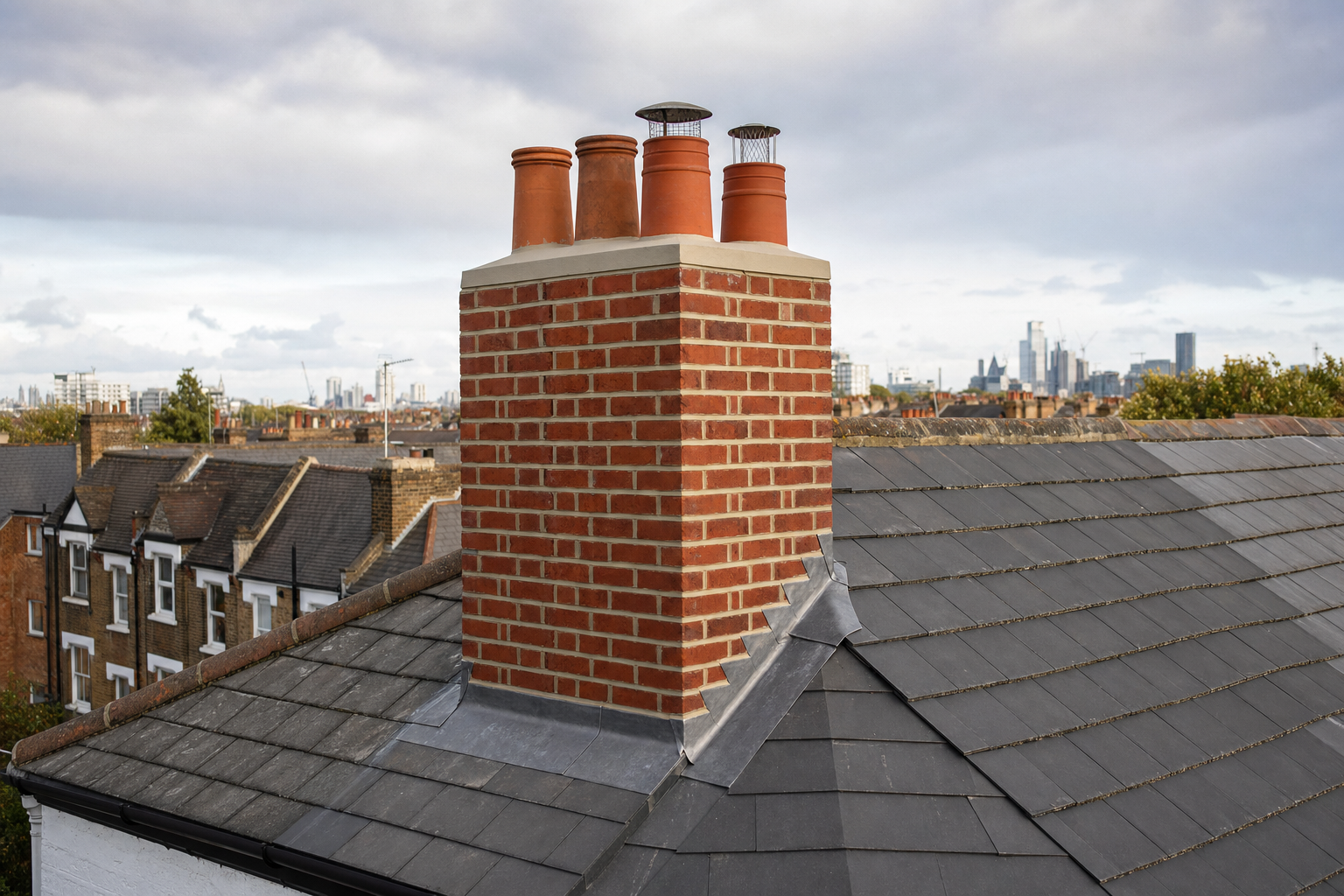 A brick chimney with multiple clay pots on a sloped slate roof, overlooking a cityscape in the distance.