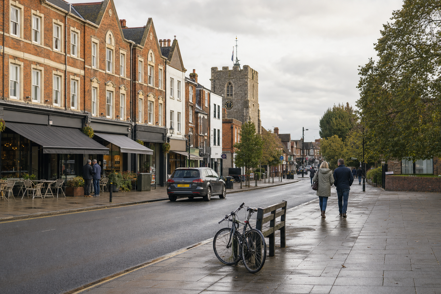 A couple walks along a wet street lined with shops, a church tower in the background, and a bicycle parked by a bench.