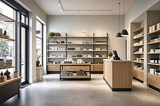 Modern minimalist shop interior with wooden shelves displaying various neatly arranged products and a central counter.
