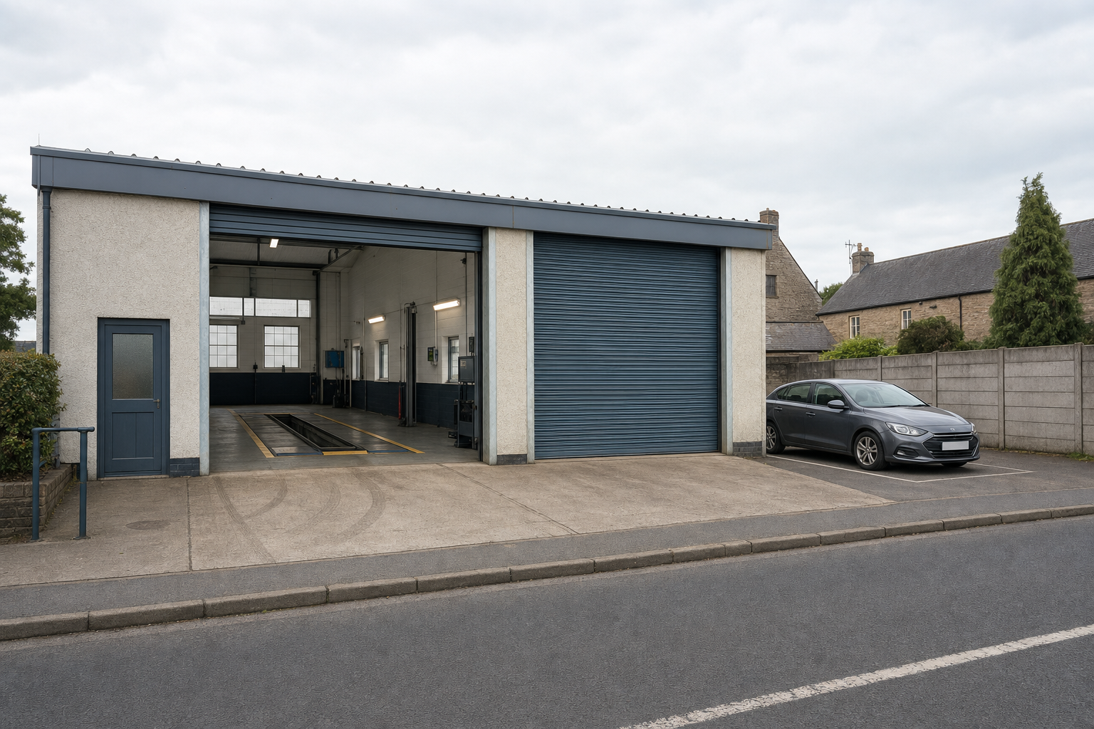 A closed garage with one shutter open revealing a vehicle inspection bay, with a car parked outside.