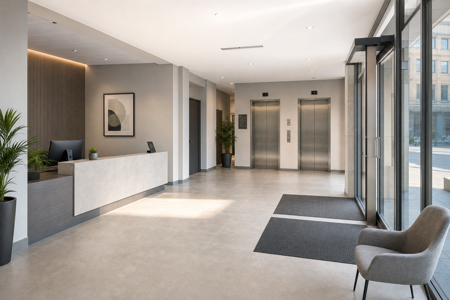 Modern office lobby with a reception desk, two lifts, and a waiting area with a grey chair.