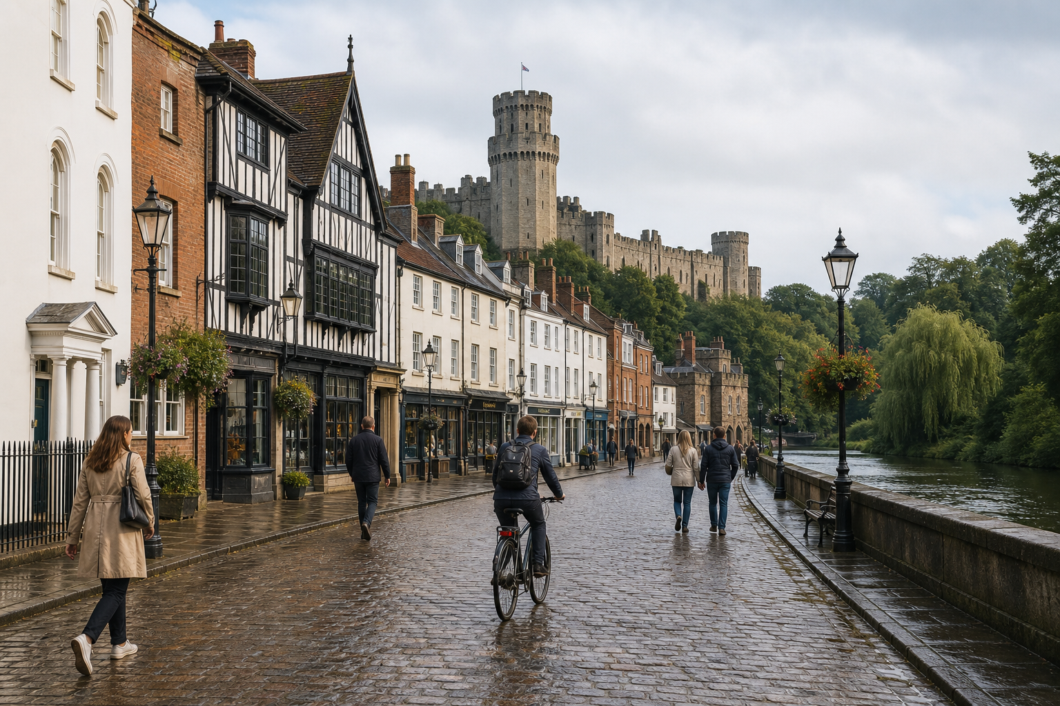 People walking and cycling on a cobbled street near historic buildings and a castle, with a river and trees on the right.