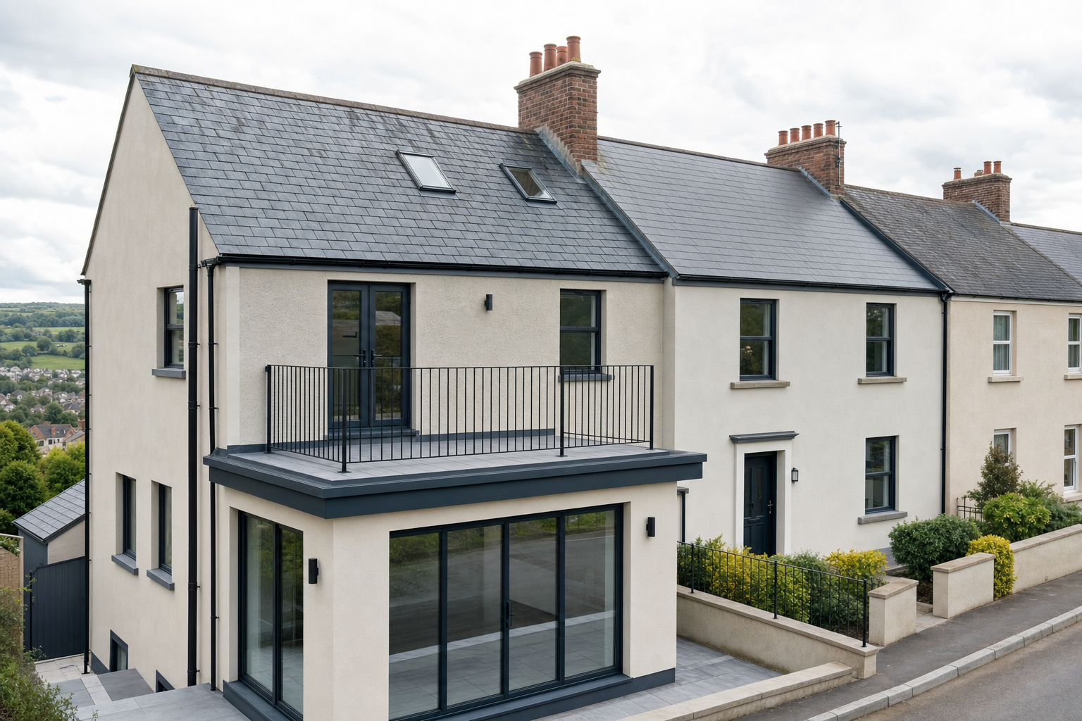 Modern semi-detached house with a balcony and large windows, set on a hill with a view of the countryside.