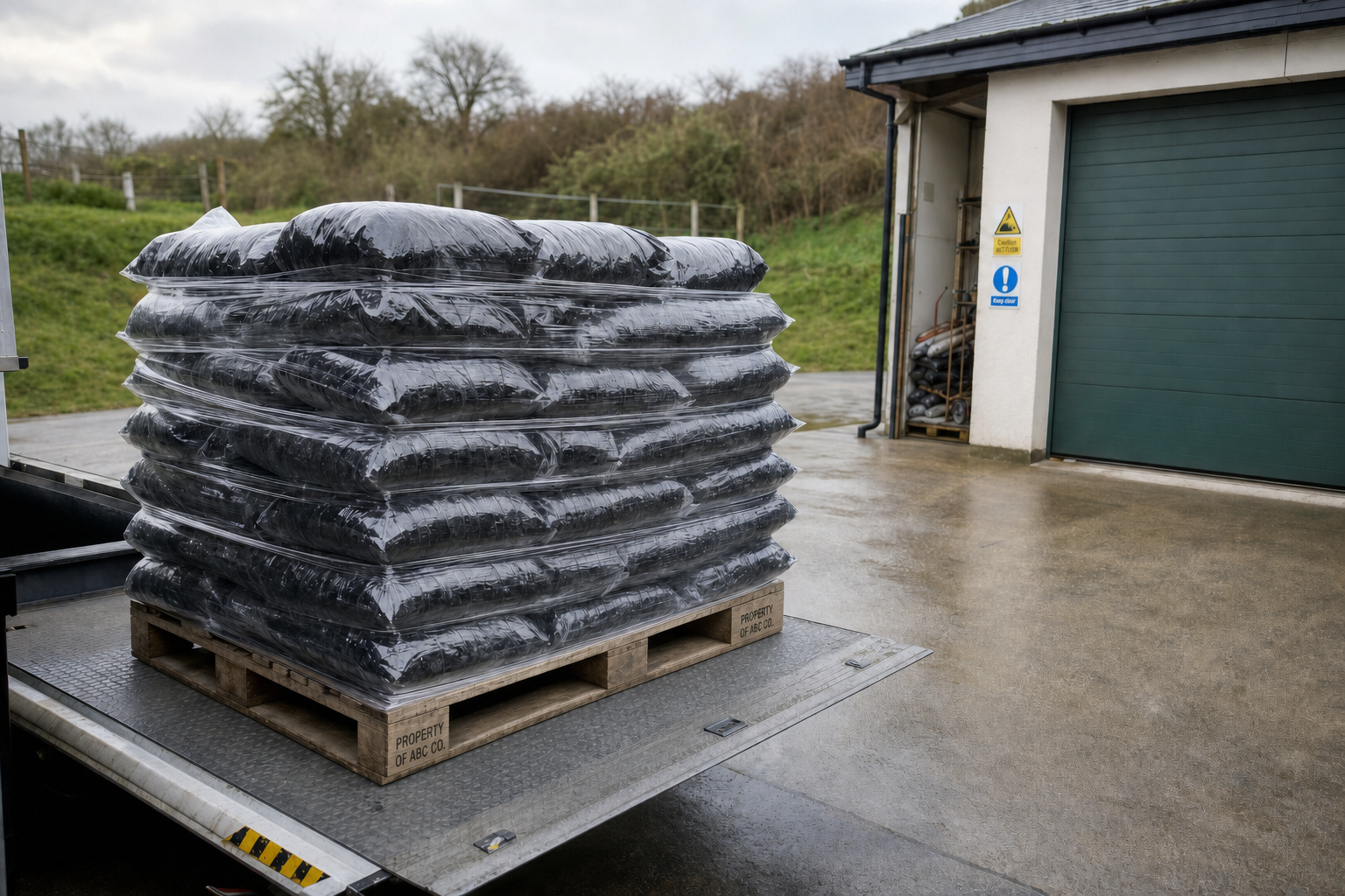 Stack of black plastic-wrapped bags on a wooden pallet being unloaded near a warehouse.