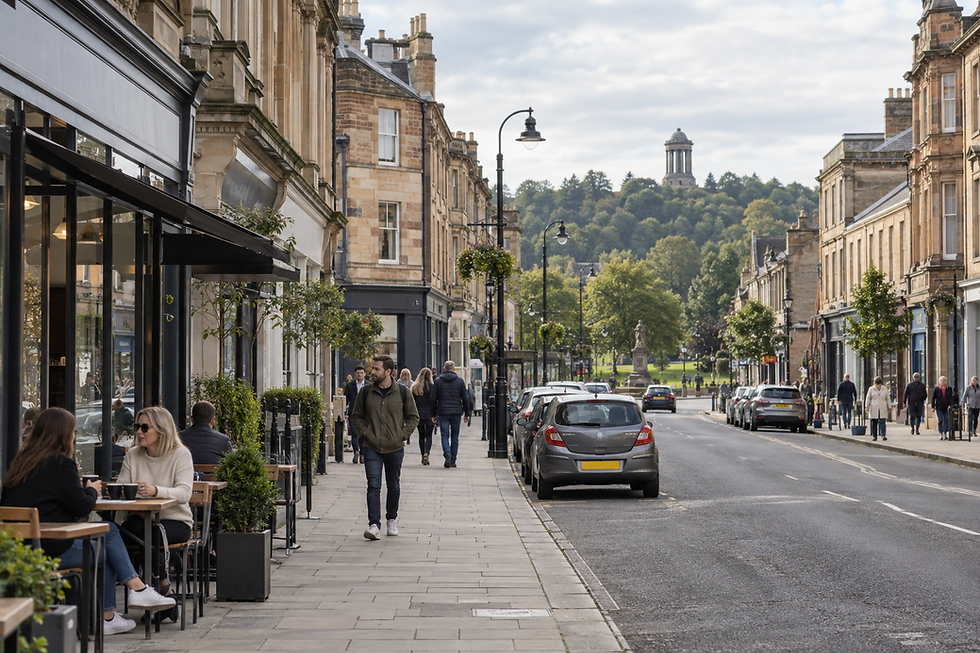 A bustling street with outdoor cafe seating, people walking, and a distant hilltop monument under a cloudy sky.