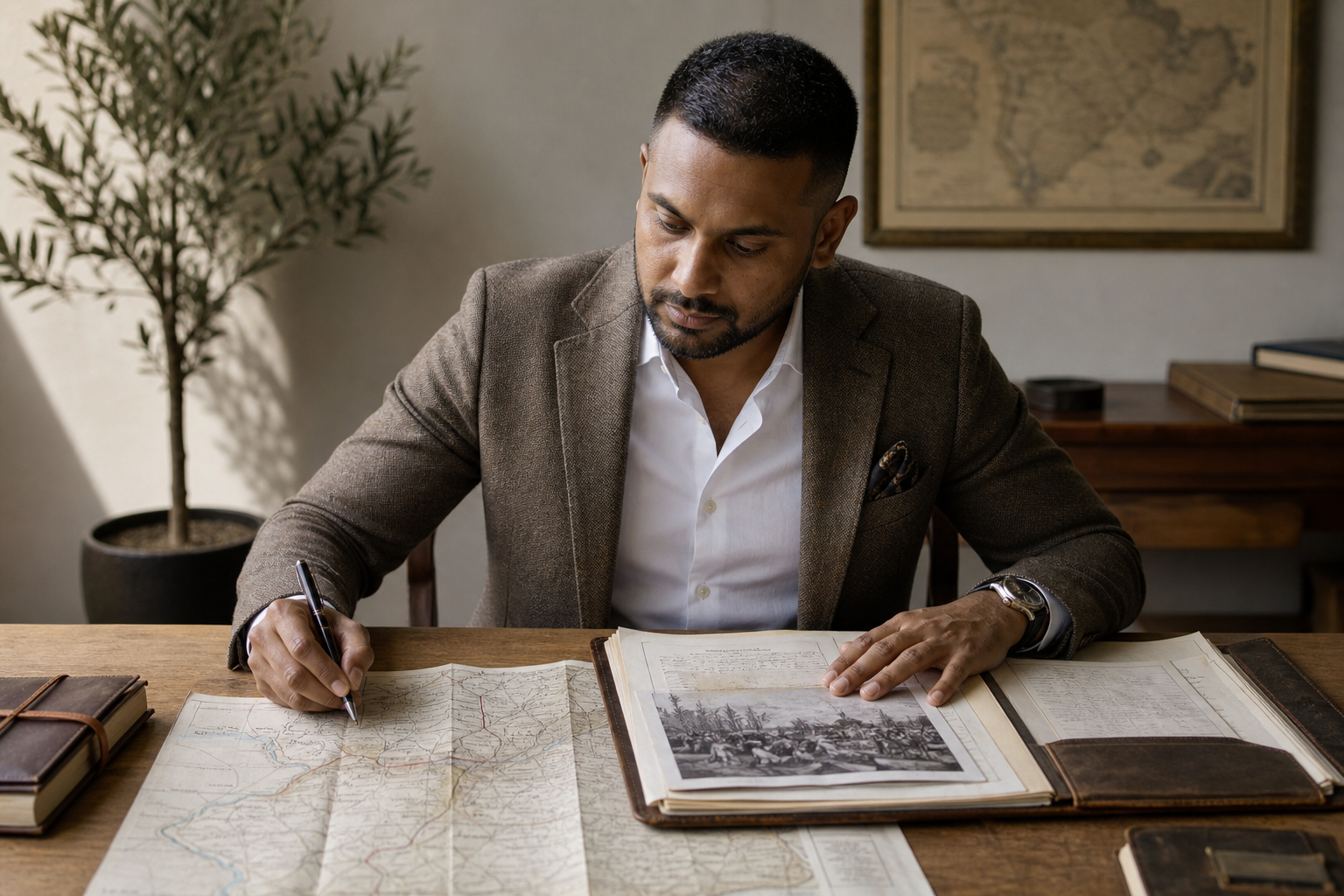 A man in a blazer studies a map and book at a wooden desk with an olive tree and framed map in the background.