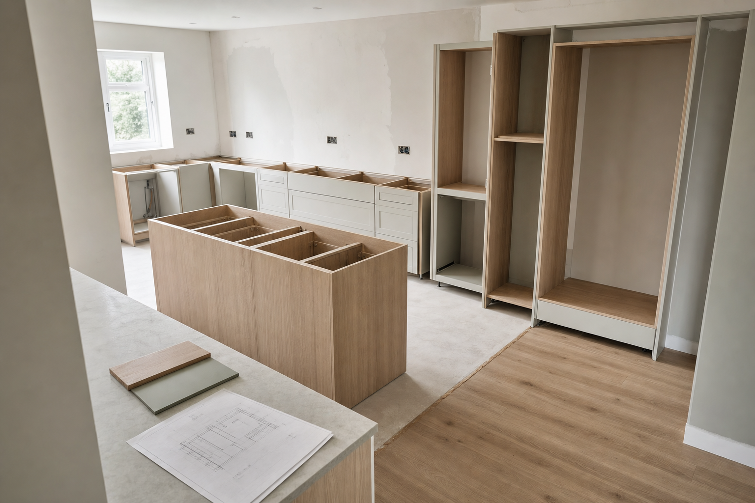 A kitchen under renovation with new wooden cabinetry and design blueprints on the counter.