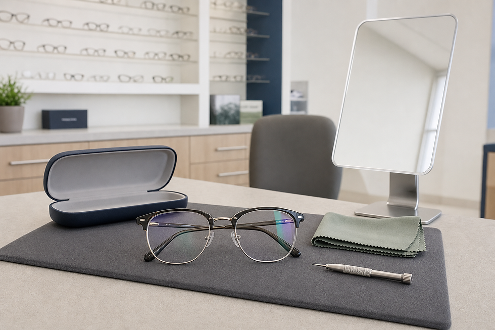 Glasses, case, cleaning cloth, and tool are arranged on a table in an eyewear store with a mirror in the background.