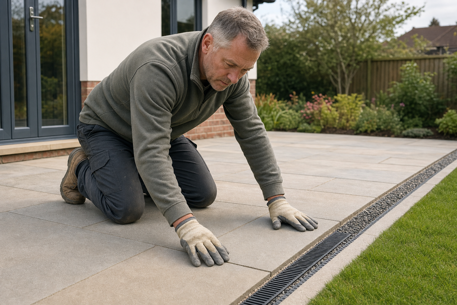 A man wearing gloves lays patio slabs in a garden next to a house.