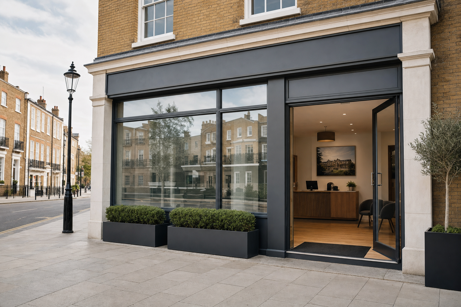Modern office entrance on a quiet street, featuring large windows and a welcoming interior with a wooden reception.