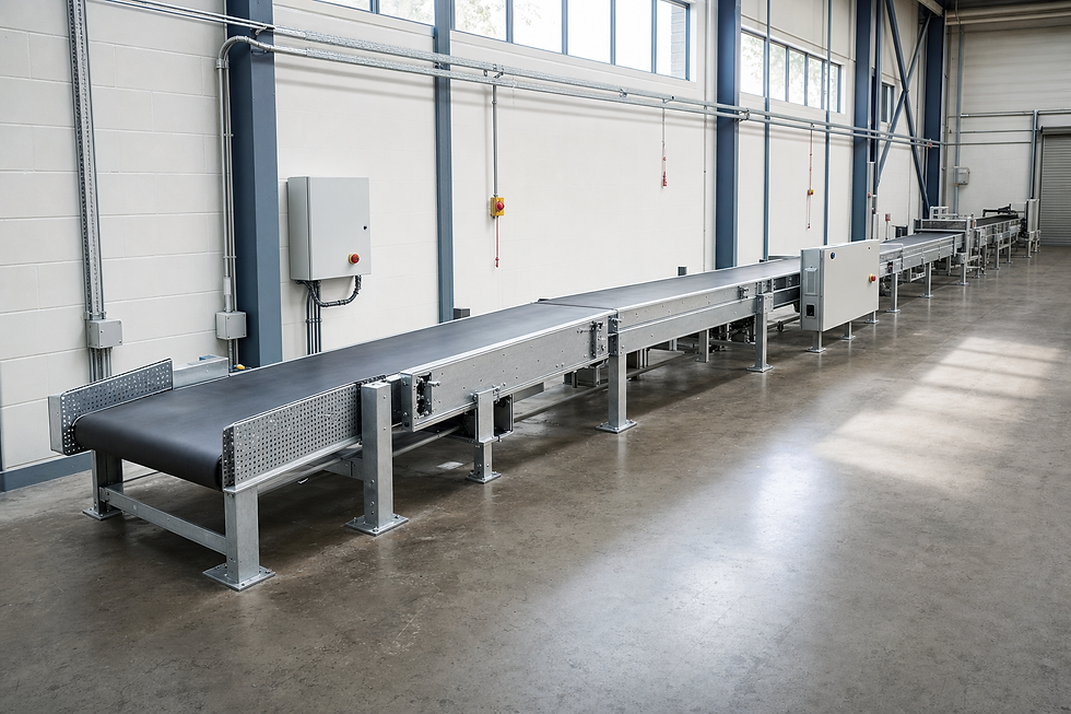 Long industrial conveyor belt system in a spacious warehouse setting with large windows.