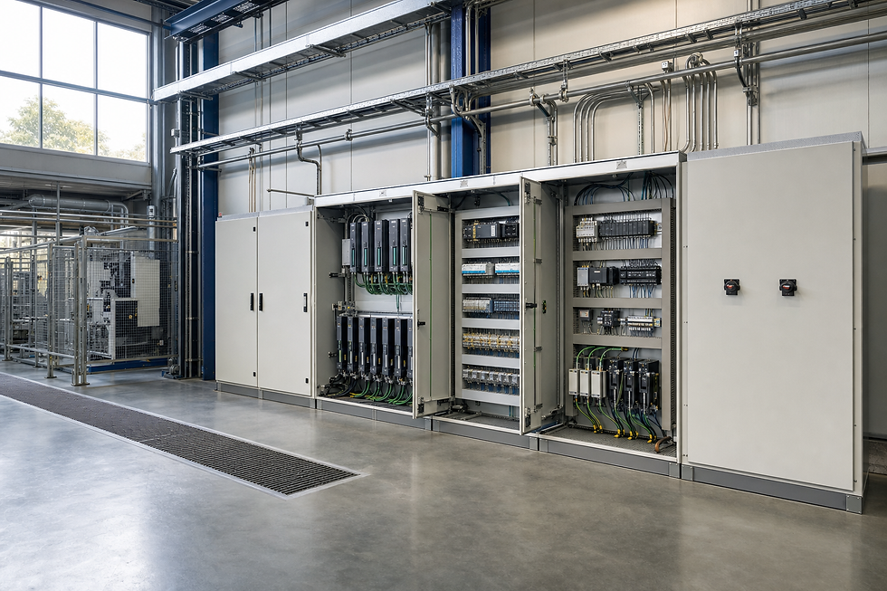 Industrial control panels with open doors in a large, well-lit facility.