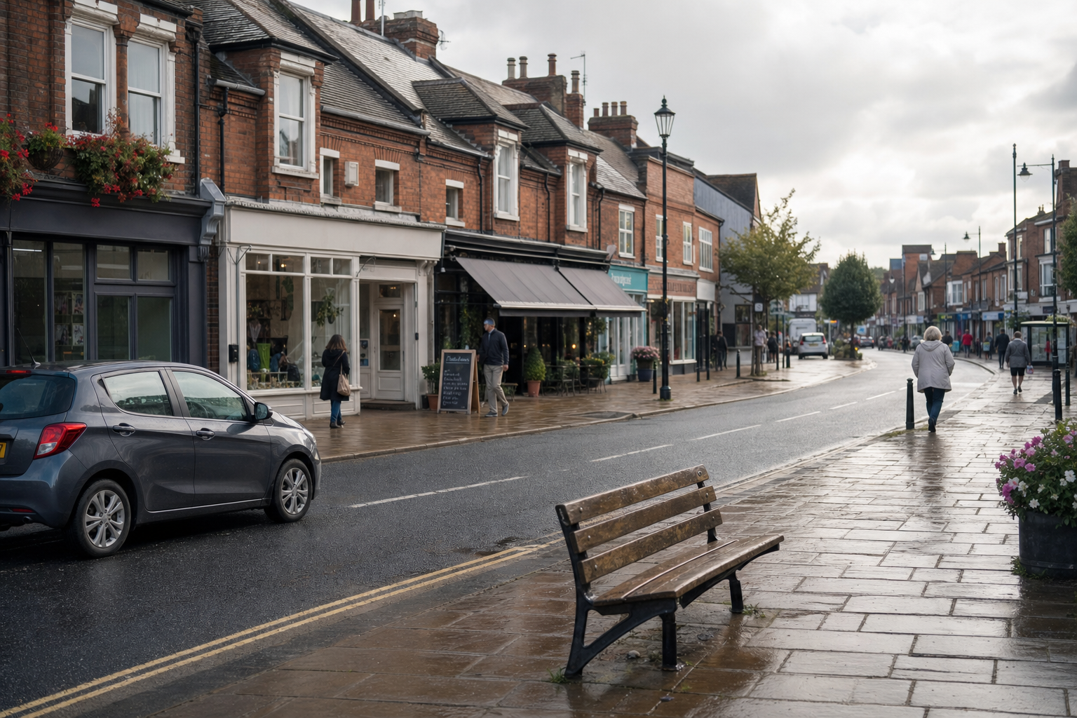 A quiet, wet street scene with shops, pedestrians, and parked cars on a rainy day.