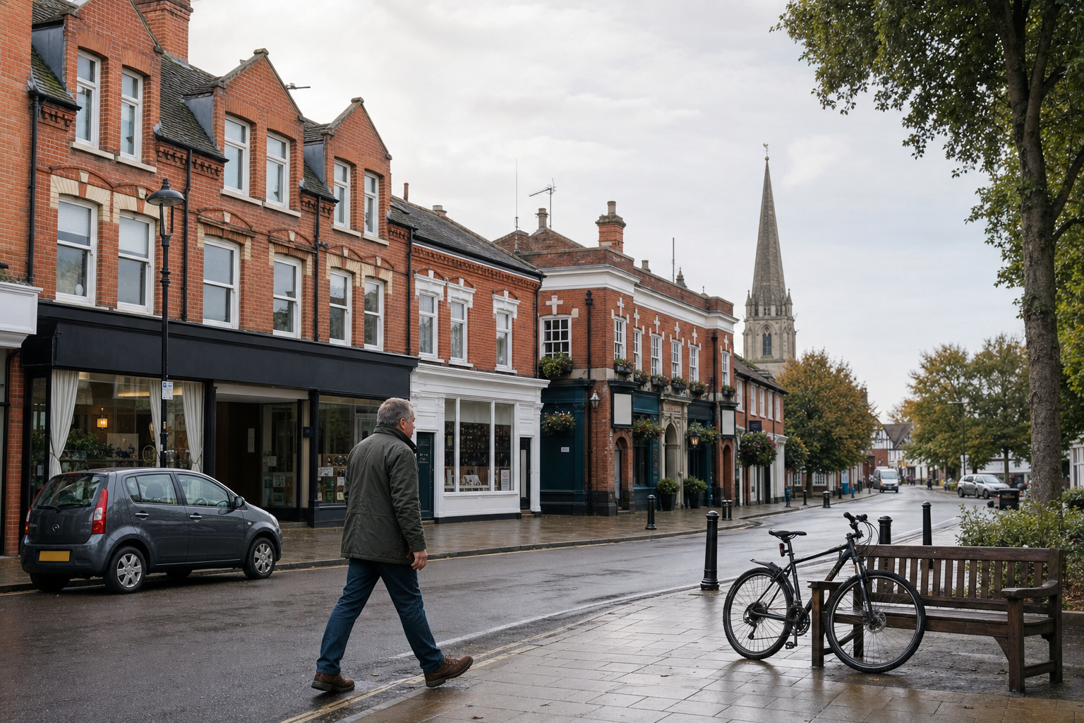 A man walks along a quiet street with red-brick buildings and a church spire in the background.