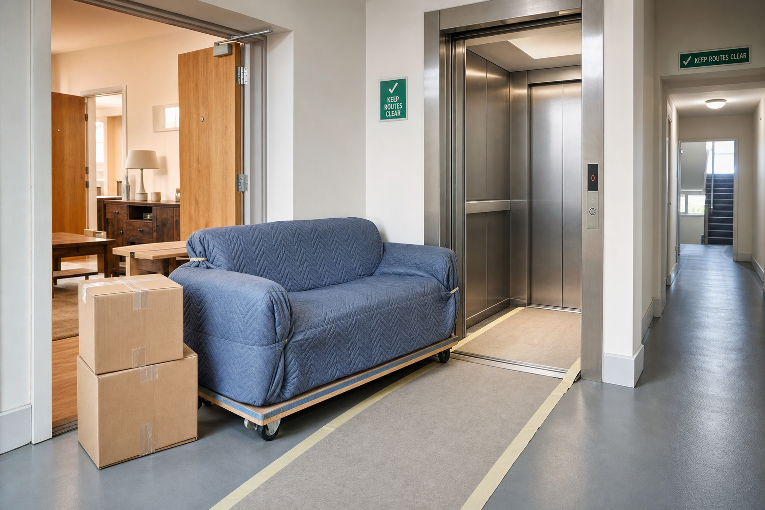 A sofa on a dolly and two boxes are placed near an open lift in a corridor.