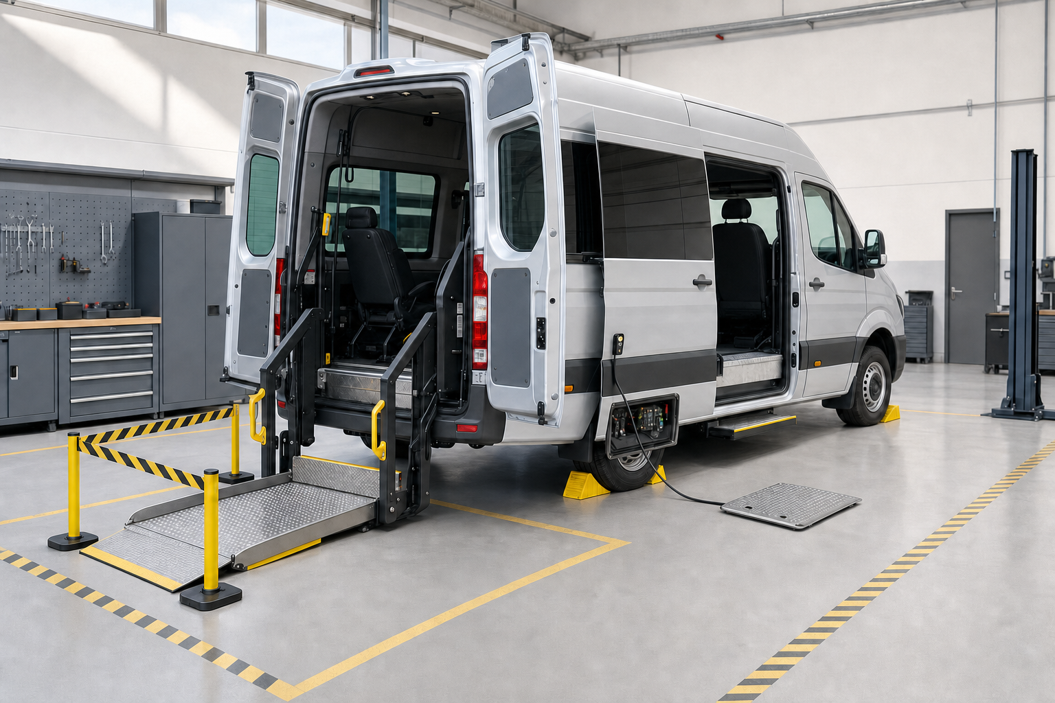 A wheelchair accessible van with a deployed ramp in a spacious workshop.