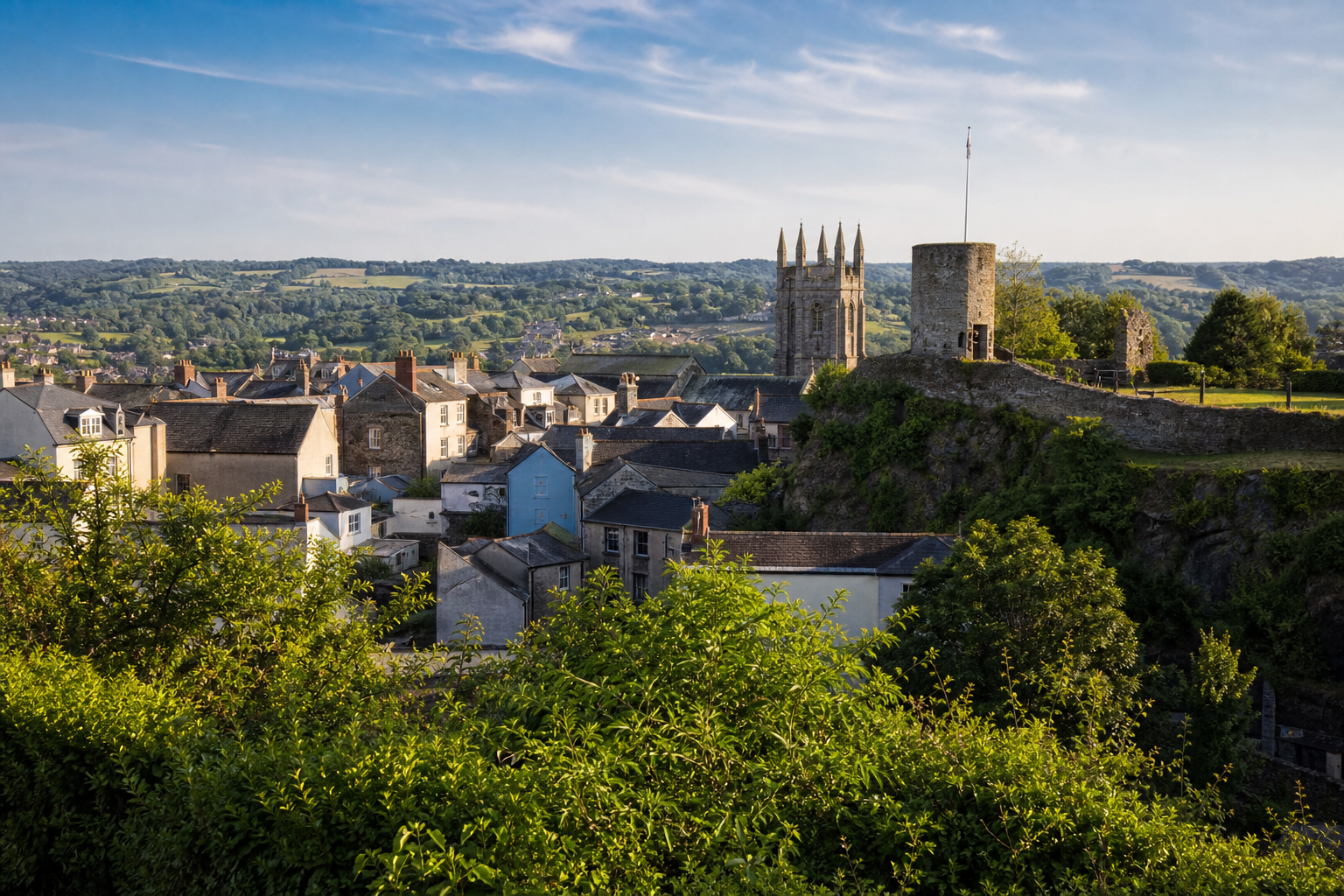 Scenic view of a village with historic buildings and lush greenery under a blue sky.