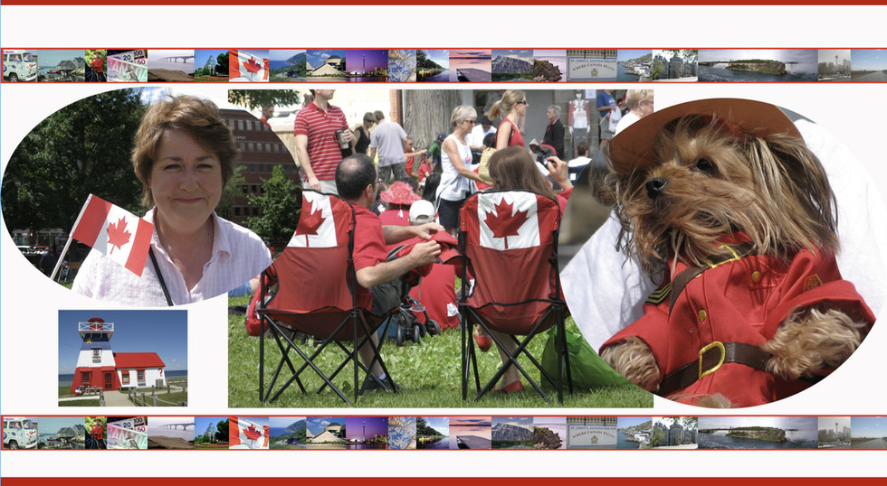 Collage with people, chairs, and a dog in costume.