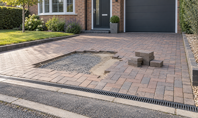 A partially completed driveway with loose paving stones and exposed gravel and sand.