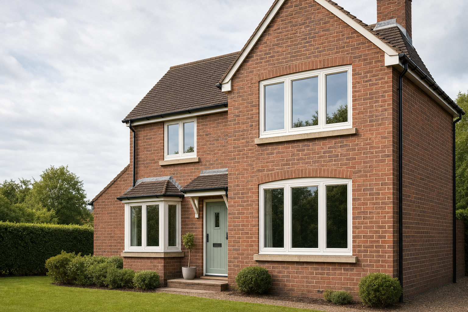A modern two-storey red brick house with white-framed windows and a green front door, set in a landscaped garden.