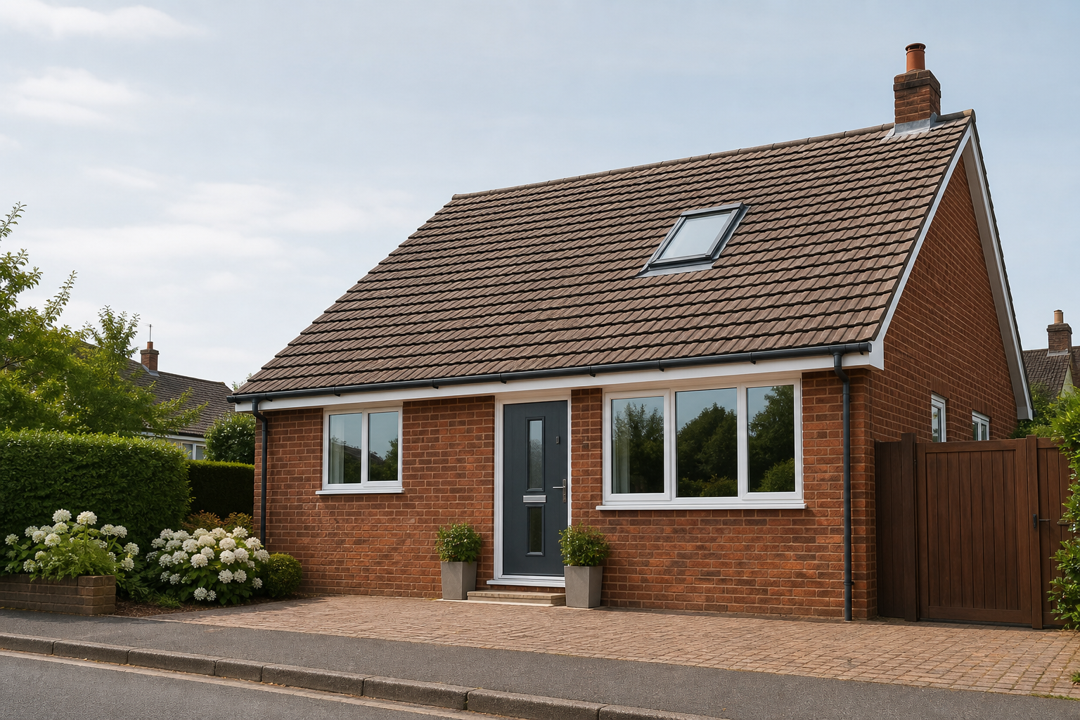A red brick bungalow with a tiled roof, white windows, and a blue door, surrounded by bushes and potted plants.