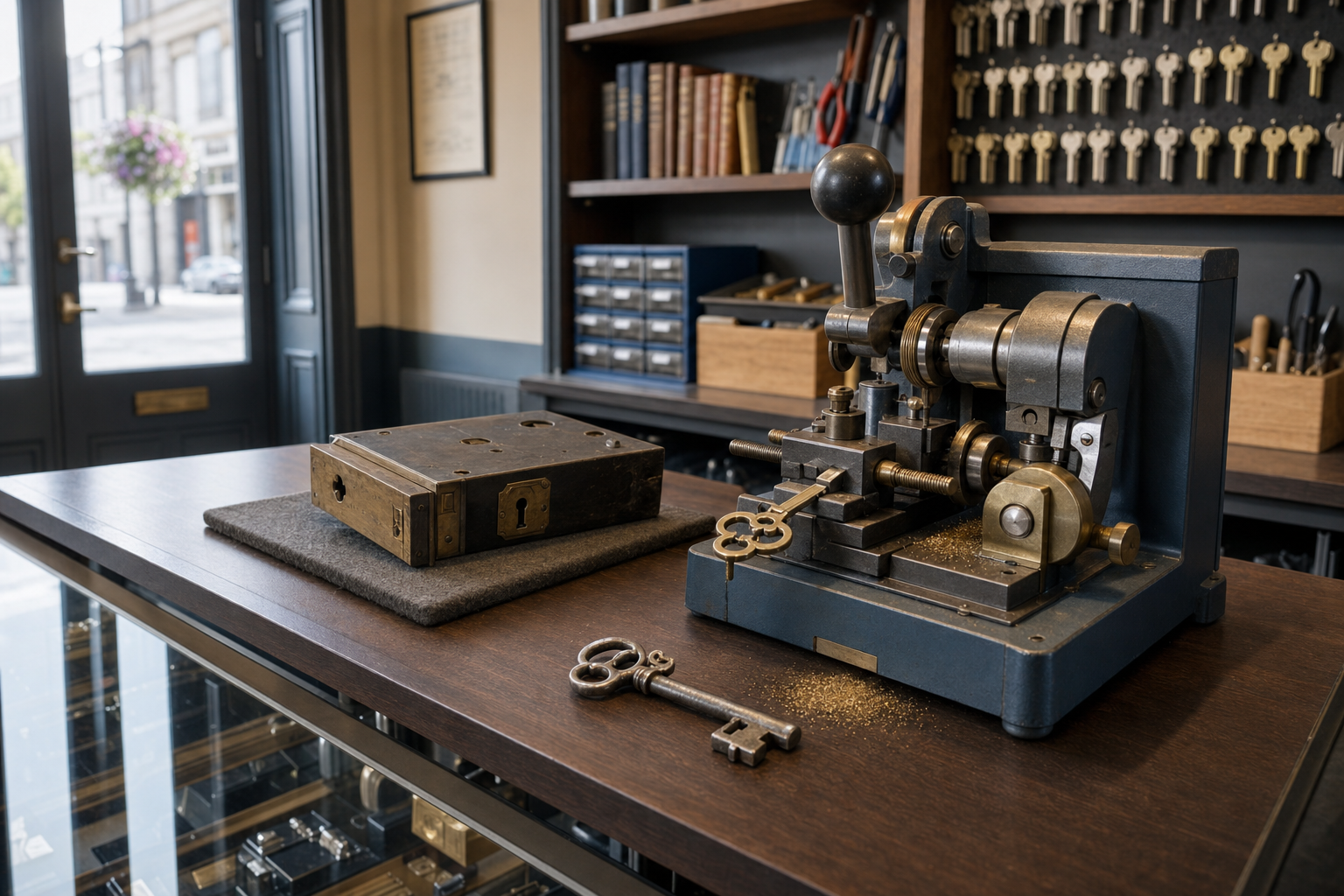 A locksmith's workshop with a key-cutting machine, a large key, and a lock on a wooden table.