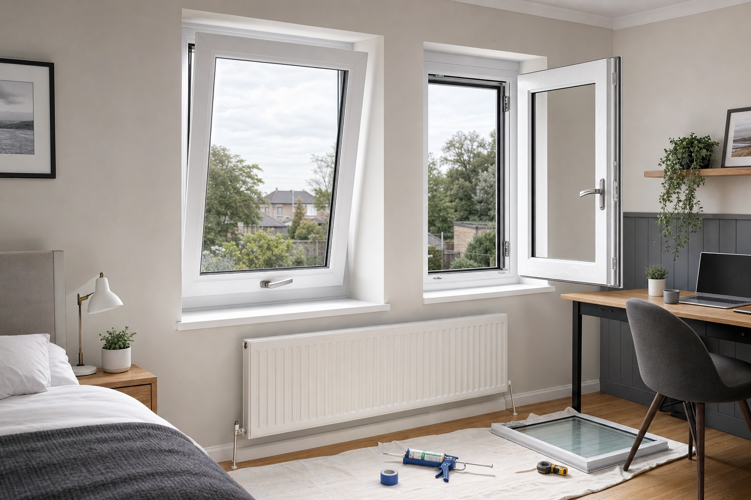 A bedroom with open windows, a radiator, desk with a laptop, and tools on a sheet-covered floor.