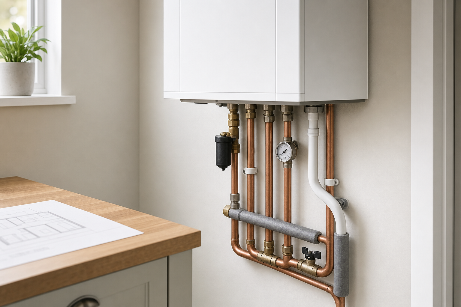 A modern boiler system with copper pipes and a pressure gauge is installed on a wall above a wooden countertop.