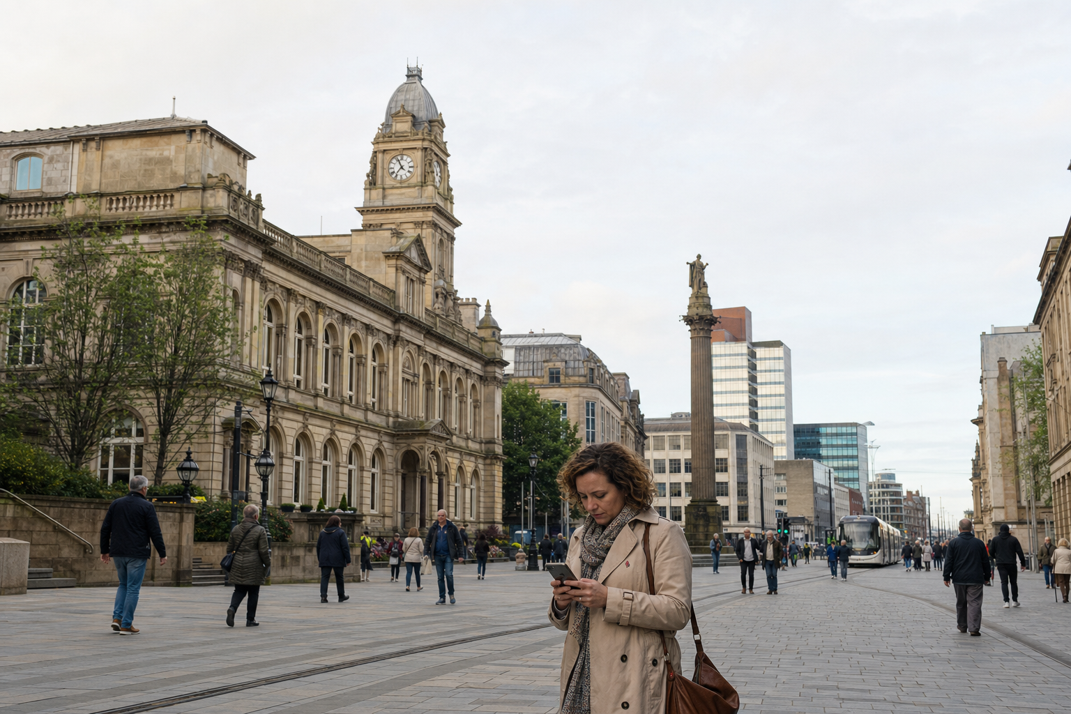 Woman using a smartphone on a bustling city street with historic and modern buildings.