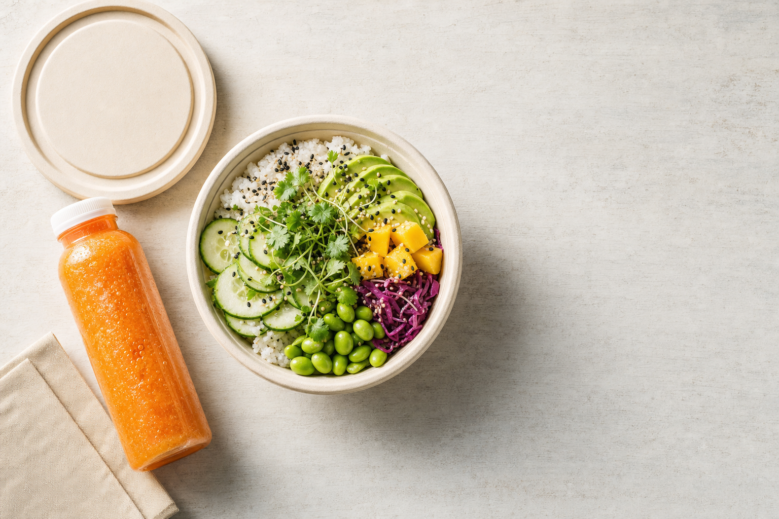 A colourful vegan poke bowl with fresh vegetables next to an orange juice bottle on a light surface.