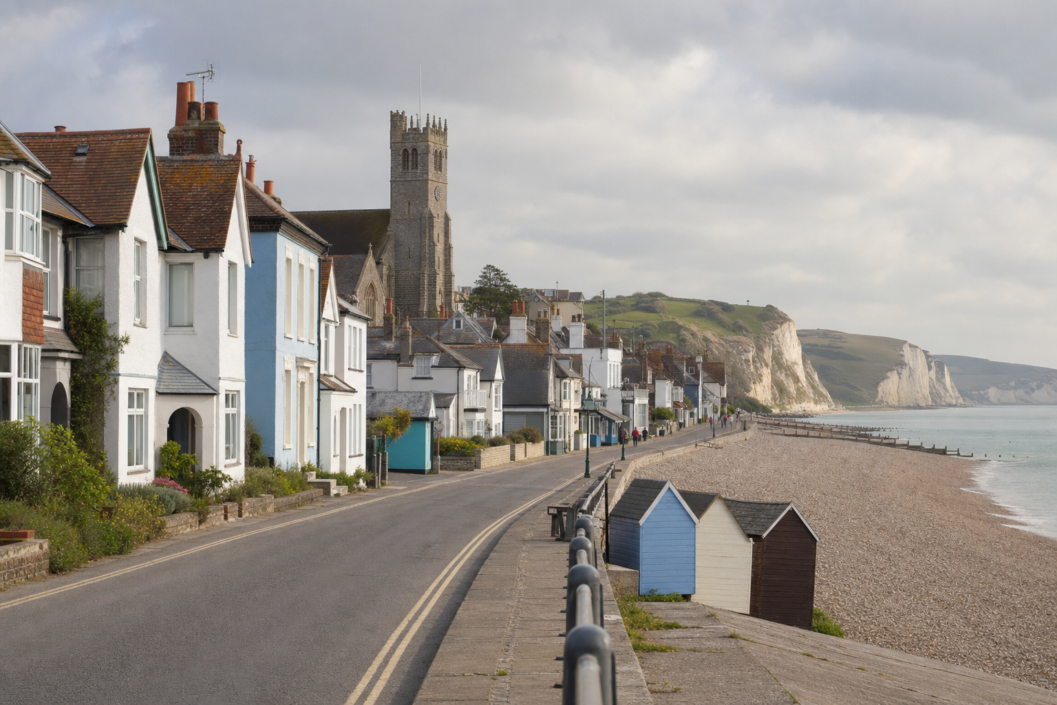 Coastal village scene with colourful cottages, a church tower, beach huts, and cliffs by the sea under a cloudy sky.
