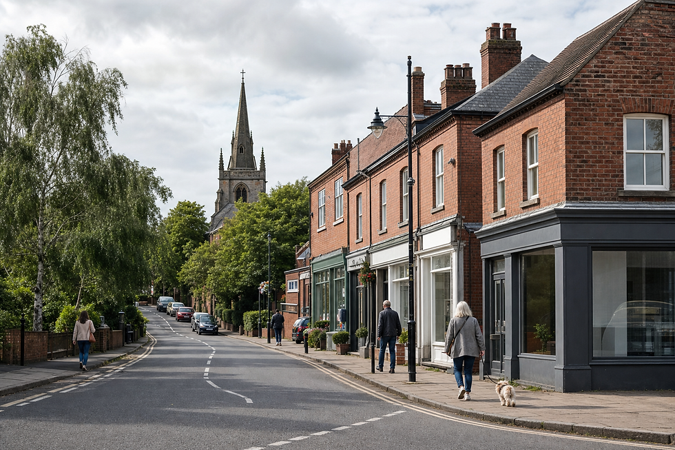 People strolling on a quaint street lined with red brick buildings, leading to a church with a tall spire in the background.
