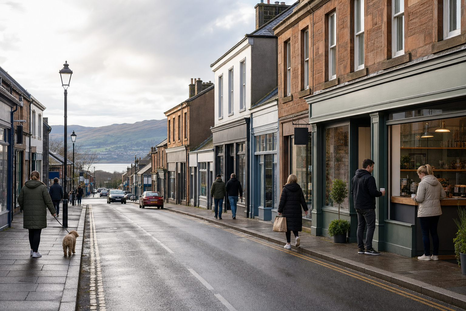 People strolling along a quaint street with shops, a few cars, and distant hills under a cloudy sky.