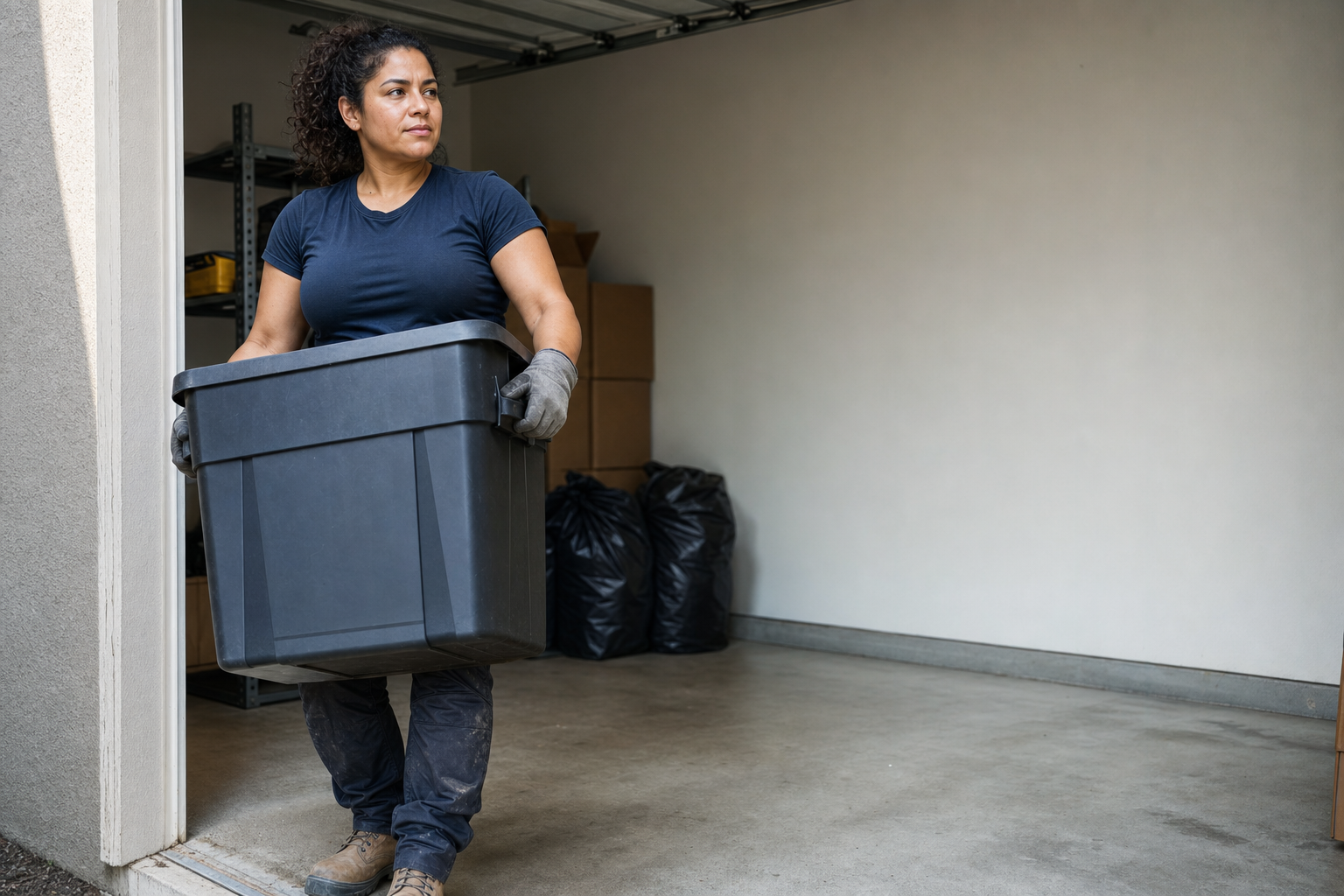Person carrying a large plastic container out of a garage, wearing gloves and work boots.