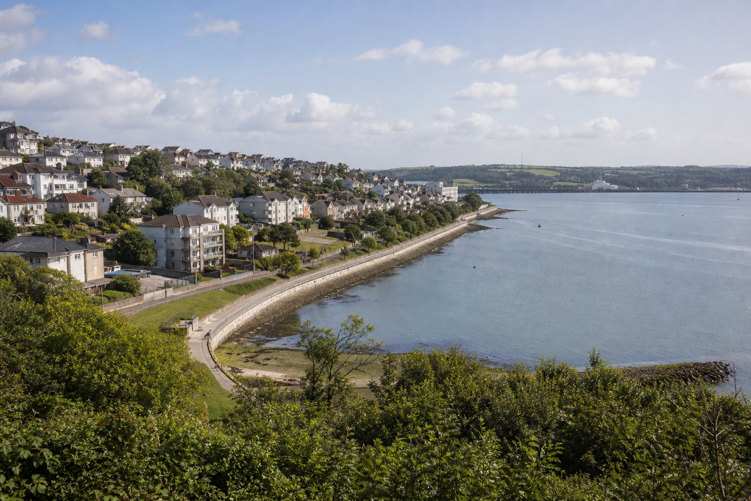Coastal town with houses overlooking a bay and a scenic pathway along the waterfront.