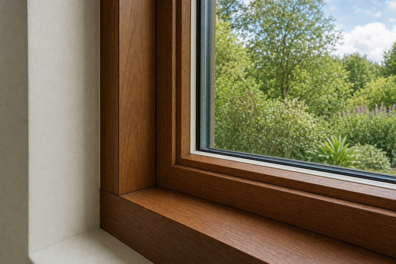 Wooden window frame with a view of lush green trees and a partly cloudy sky.