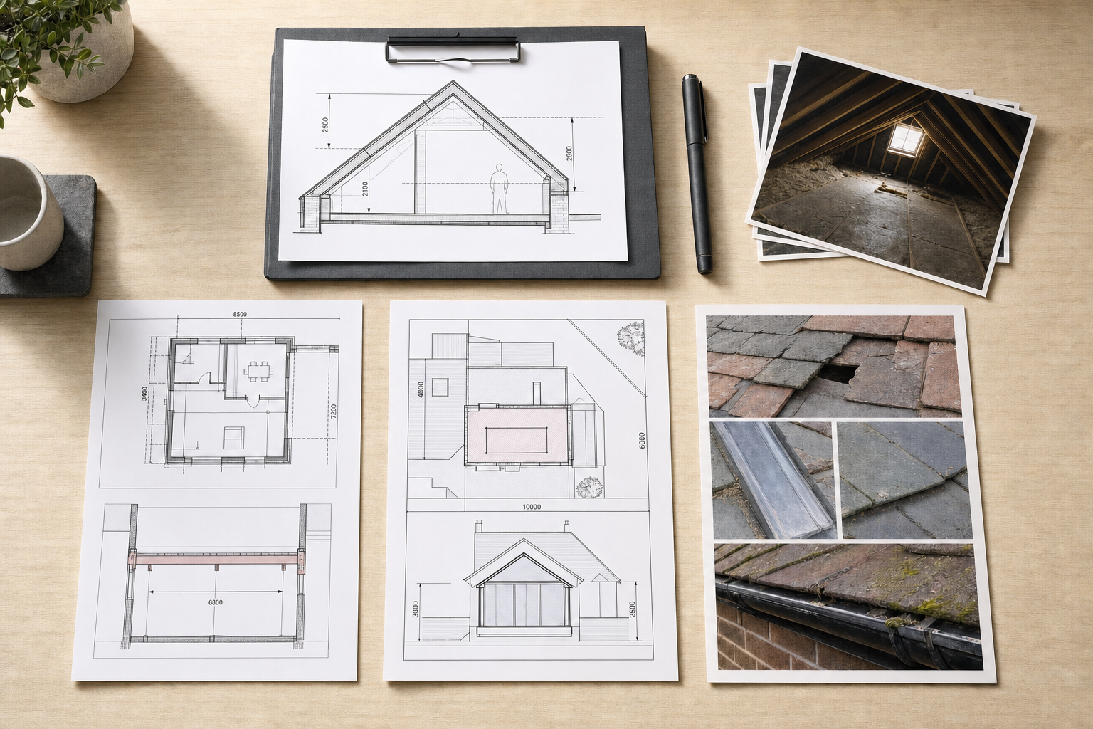 Architectural plans and roofing photos on a desk with a pen and cup.