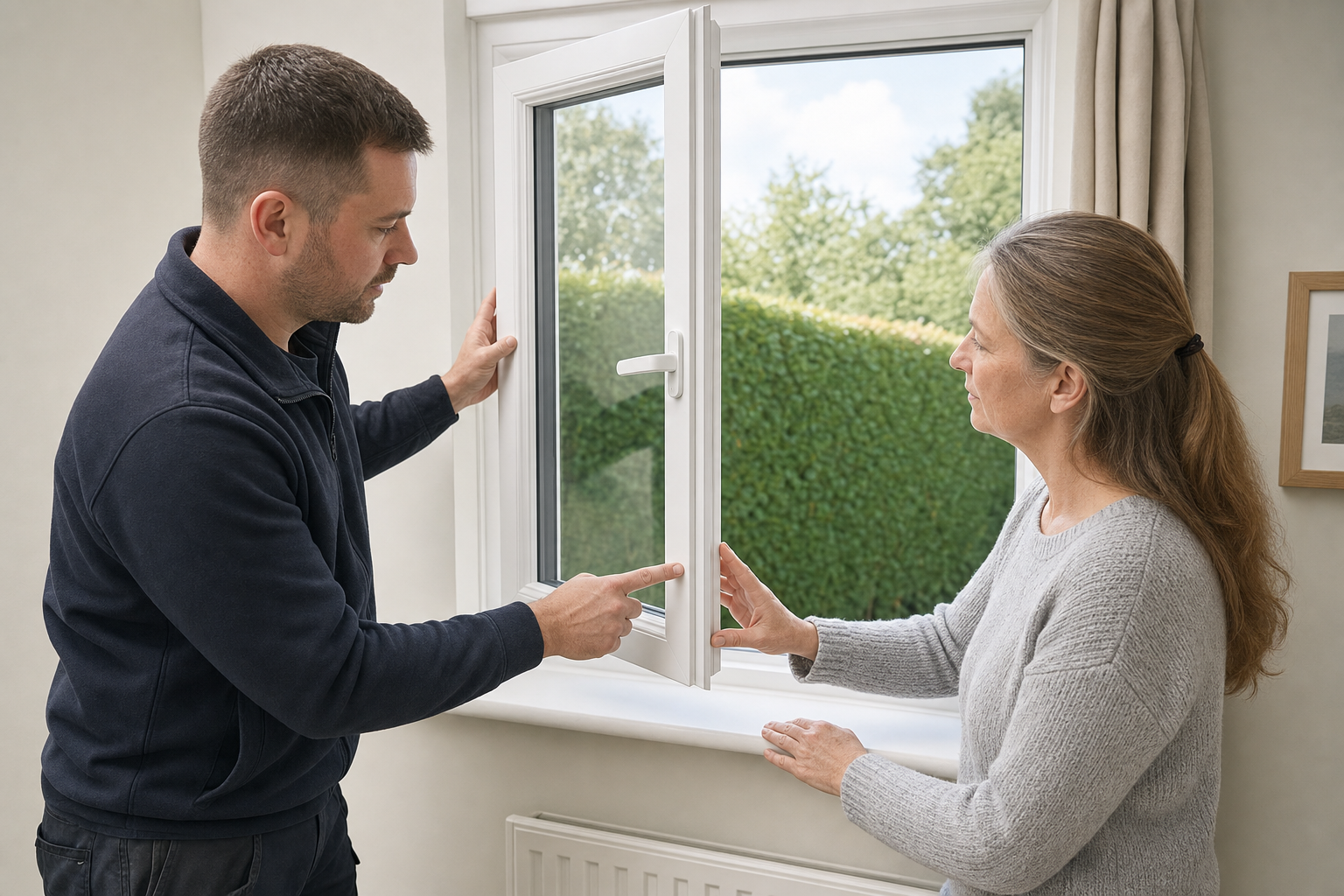 A man demonstrates how to operate a tilt and turn window to a woman in a home setting.