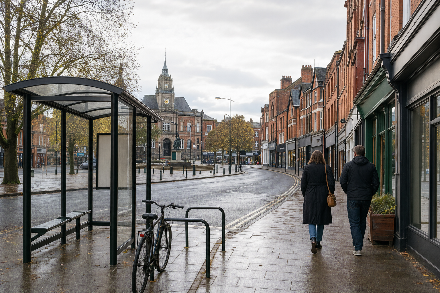 Two people walk along a quiet, wet street lined with red-brick buildings and a clock tower in the background.