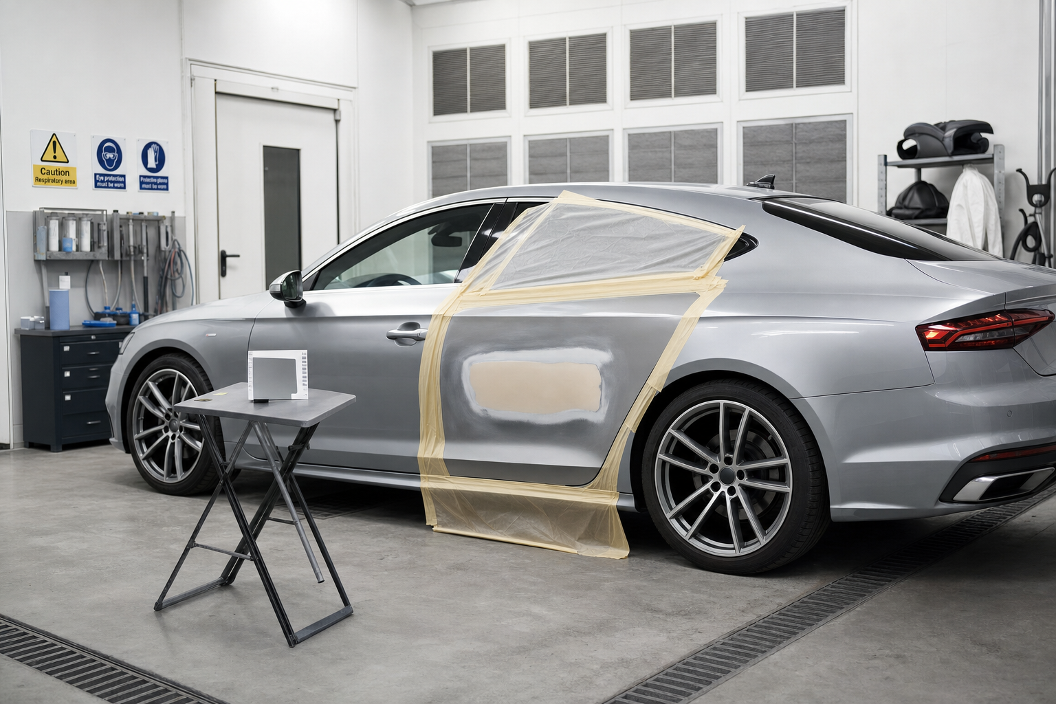 Silver car in a workshop with the rear door masked and sanded for repair.