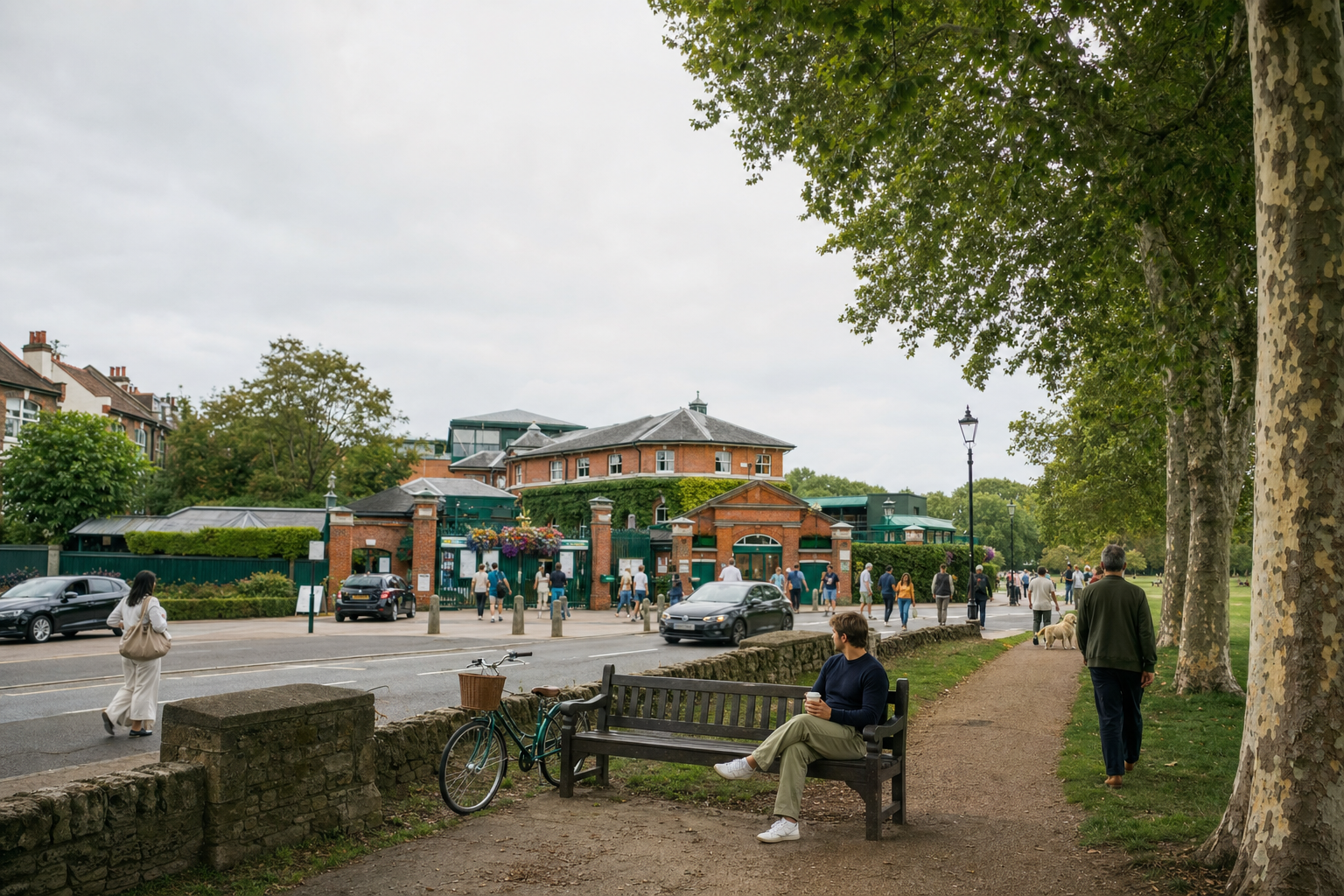 A person sits on a bench with a bicycle nearby, facing a bustling entrance with people walking and cars passing.