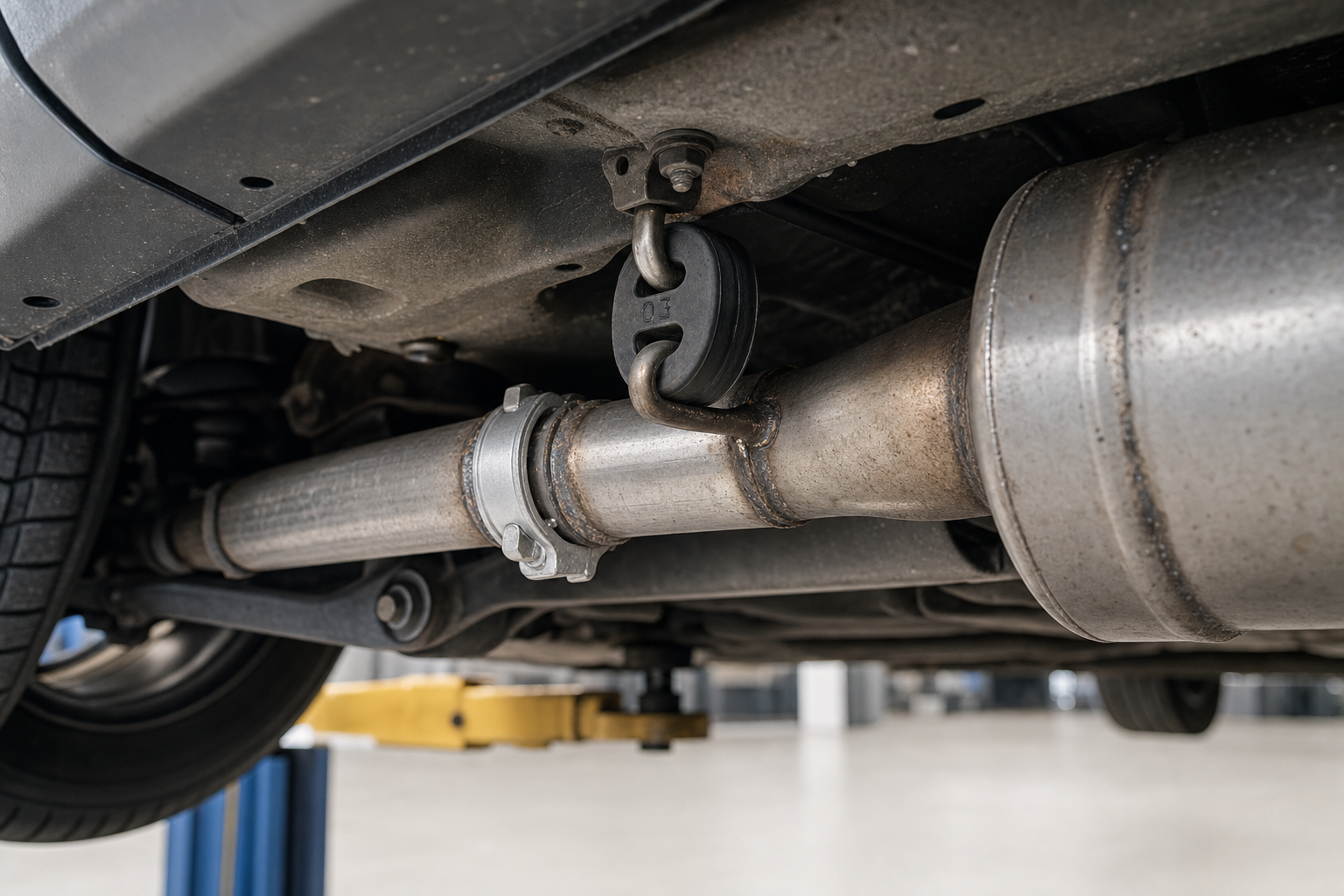 Close-up of a car exhaust system and silencer in a garage on a hydraulic lift.