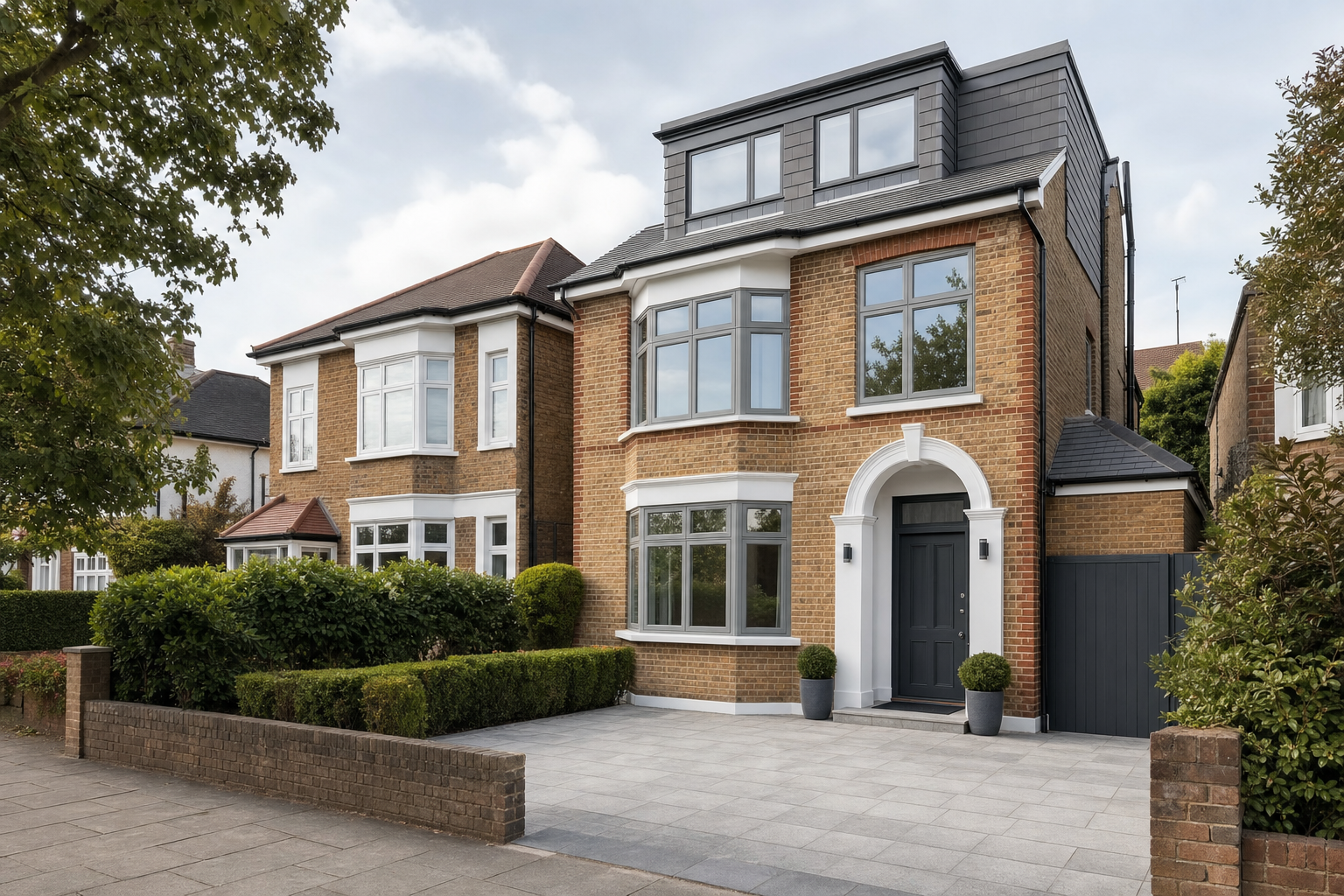 Modern three-storey brick house with large bay windows, grey accents, and a neatly paved driveway flanked by greenery.